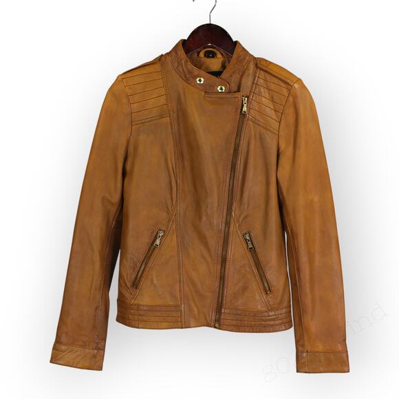 Medium Guess Los Angeles Leather Jacket Caramel Moto Biker Retro Vintage - Picture 9 of 11